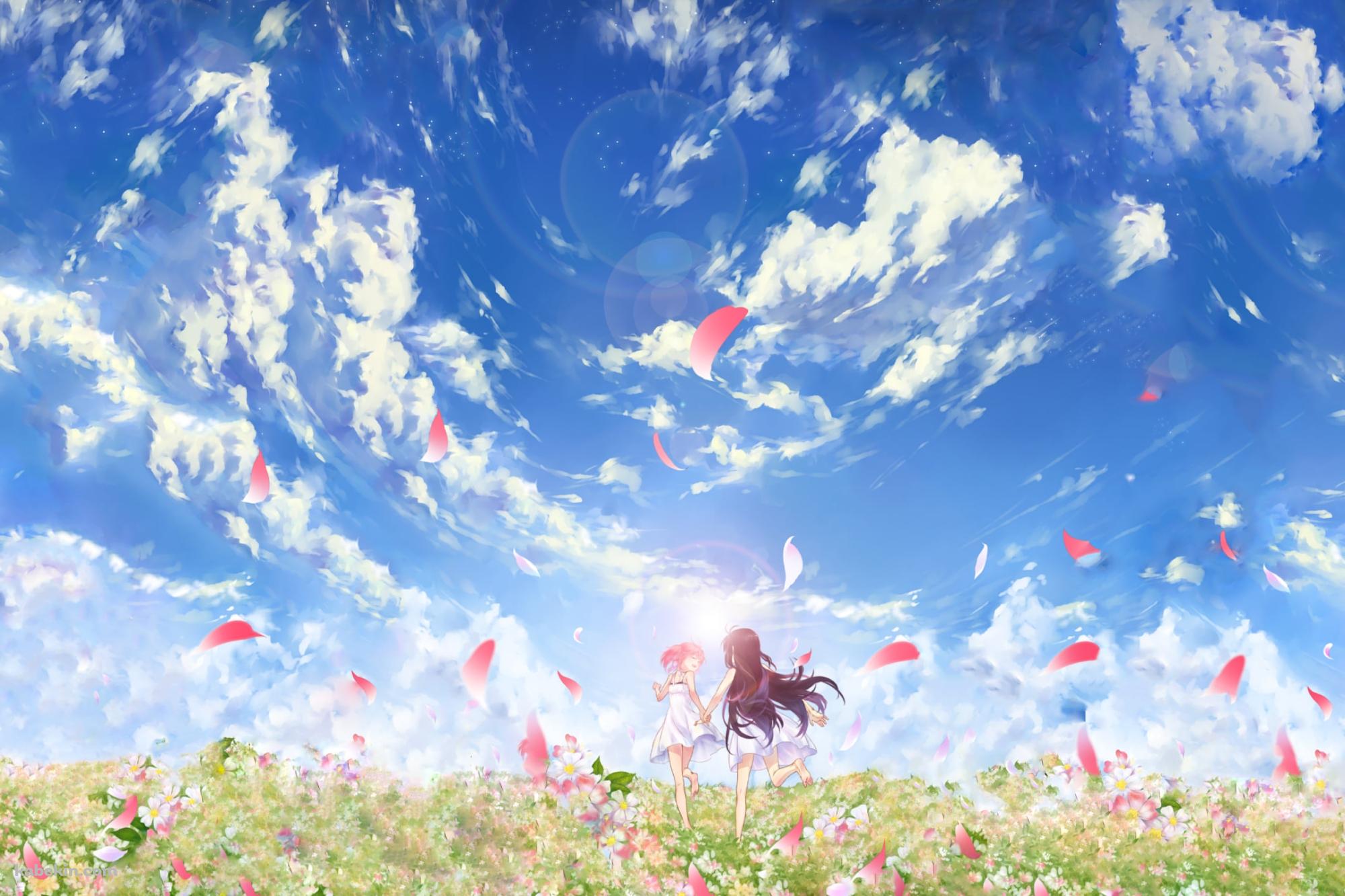 綺麗な花畑を走る鹿目まどかと暁美ほむら / 魔法少女まどか☆マギカの壁紙(2000px x 1333px) 高画質 PC・デスクトップ用