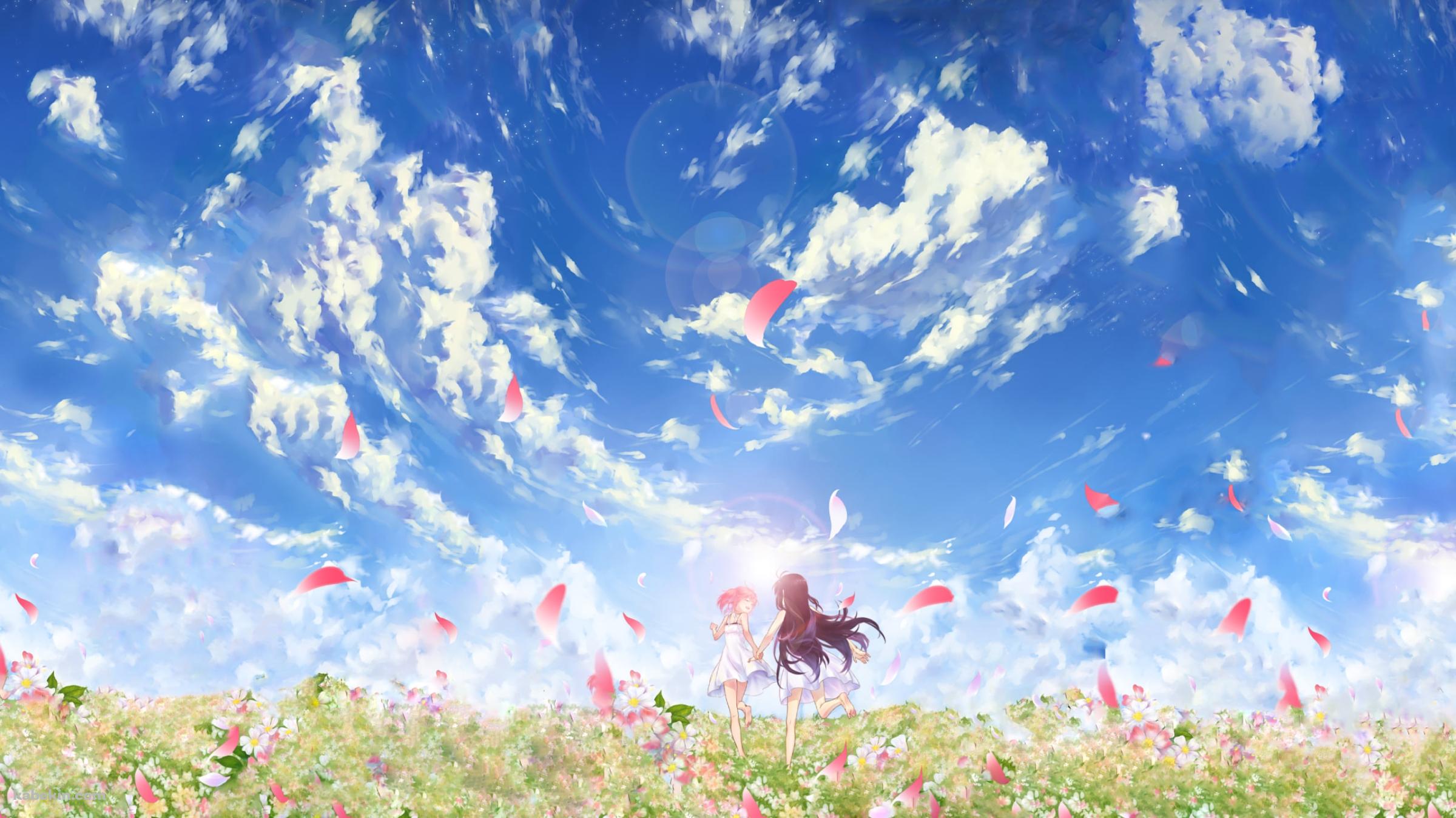 綺麗な花畑を走る鹿目まどかと暁美ほむら / 魔法少女まどか☆マギカの壁紙(2400px x 1350px) 高画質 PC・デスクトップ用