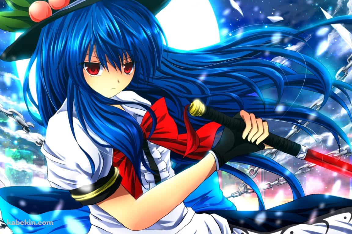 赤く光る剣を持つ比那名居天子 / 光る月 / 東方の壁紙(1152px x 768px) 高画質 PC・デスクトップ用
