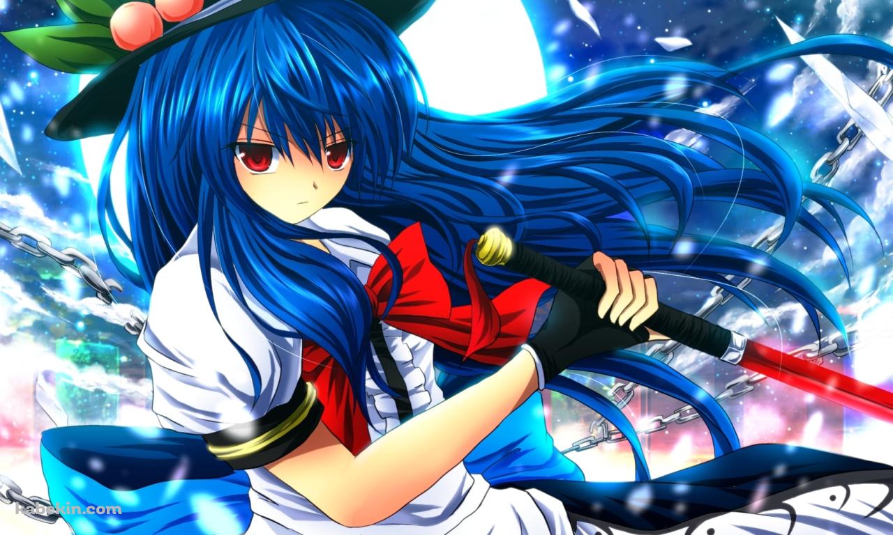 赤く光る剣を持つ比那名居天子 / 光る月 / 東方の壁紙(1280px x 768px) 高画質 PC・デスクトップ用