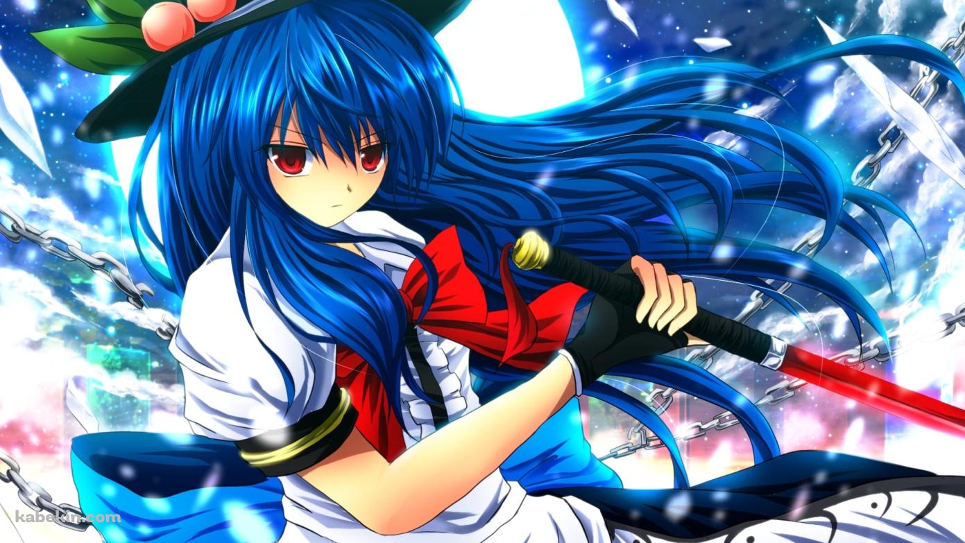 赤く光る剣を持つ比那名居天子 / 光る月 / 東方の壁紙(1391px x 783px) 高画質 PC・デスクトップ用
