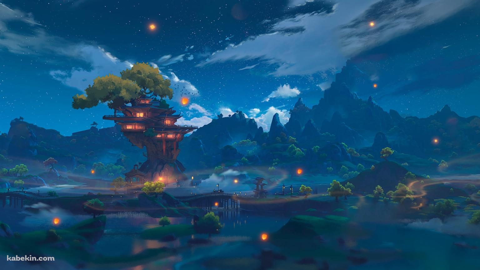 木と共生する街 / 夜景の壁紙(1536px x 864px) 高画質 PC・デスクトップ用