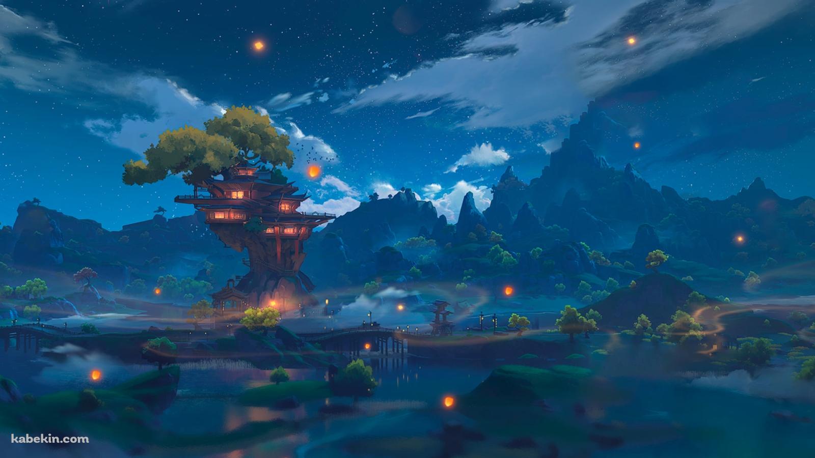 木と共生する街 / 夜景の壁紙(1600px x 900px) 高画質 PC・デスクトップ用