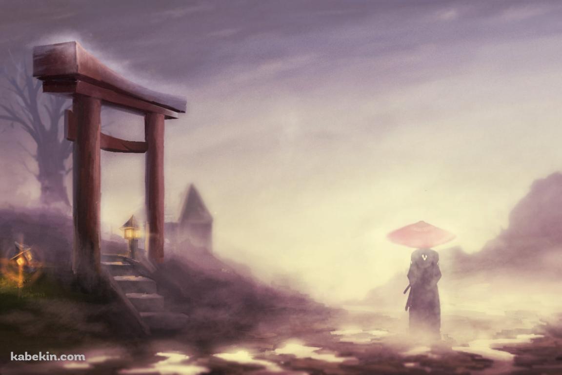 赤い鳥居と和傘をさす仁 / サムライチャンプルーの壁紙(1152px x 768px) 高画質 PC・デスクトップ用