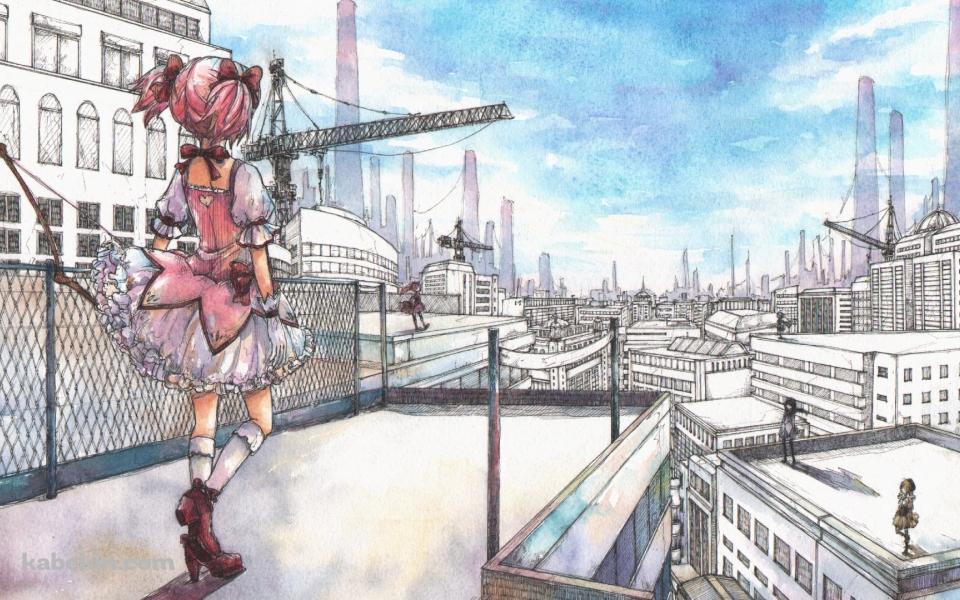 ビルの屋上に立つ暁美ほむら、鹿目まどか、佐倉杏子、美樹さやか、巴マミ / 魔法少女まどか☆マギカの壁紙(960px x 600px) 高画質 PC・デスクトップ用