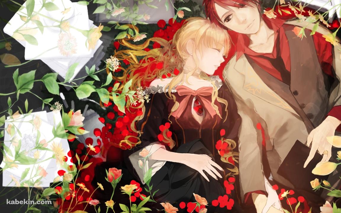 花に囲まれて横たわるベアトリーチェと右代宮 戦人 / うみねこのなく頃にの壁紙(1152px x 720px) 高画質 PC・デスクトップ用