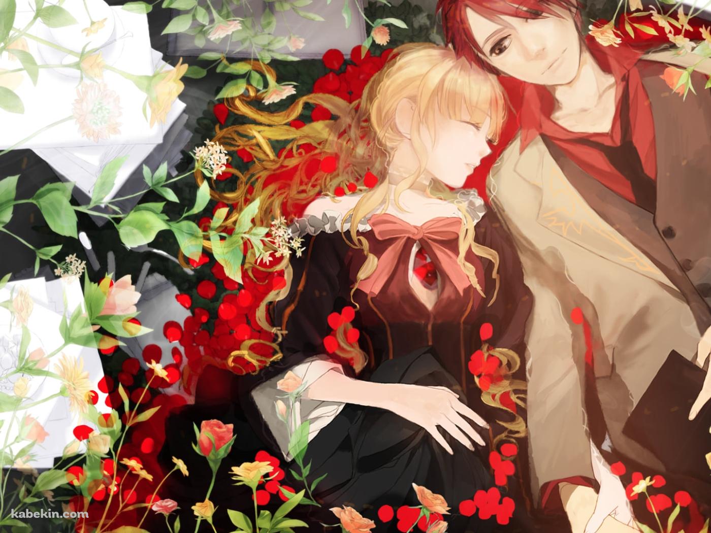 花に囲まれて横たわるベアトリーチェと右代宮 戦人 / うみねこのなく頃にの壁紙(1400px x 1050px) 高画質 PC・デスクトップ用