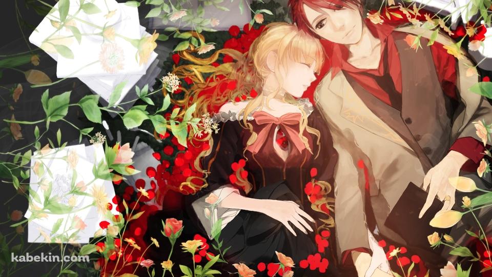 花に囲まれて横たわるベアトリーチェと右代宮 戦人 / うみねこのなく頃にの壁紙(960px x 540px) 高画質 PC・デスクトップ用