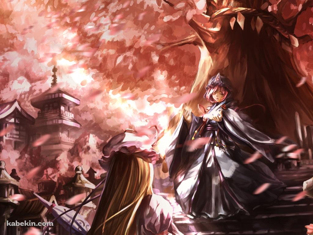 桜の大木と階段に立つ西行寺幽々子と八雲紫 / 東方の壁紙(1024px x 768px) 高画質 PC・デスクトップ用