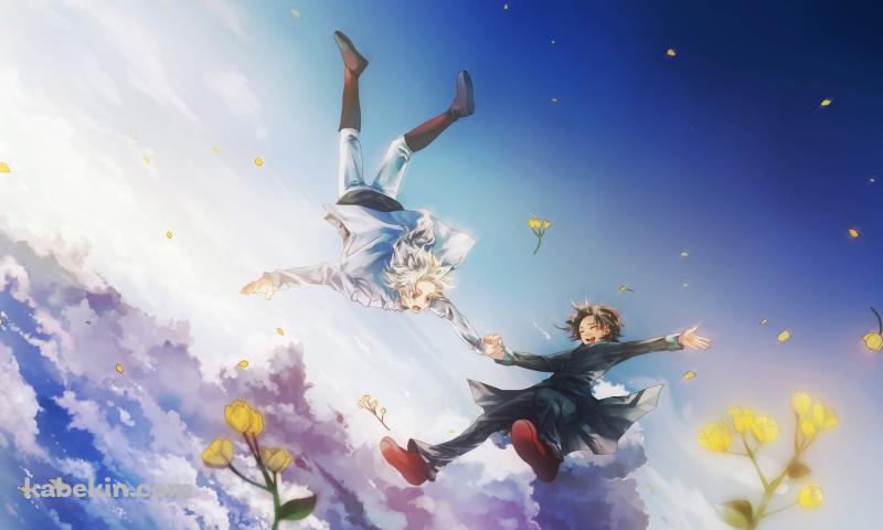 手をつなぎ空を飛ぶシュウと白竜 / イナズマイレブンGOの壁紙(800px x 480px) 高画質 PC・デスクトップ用