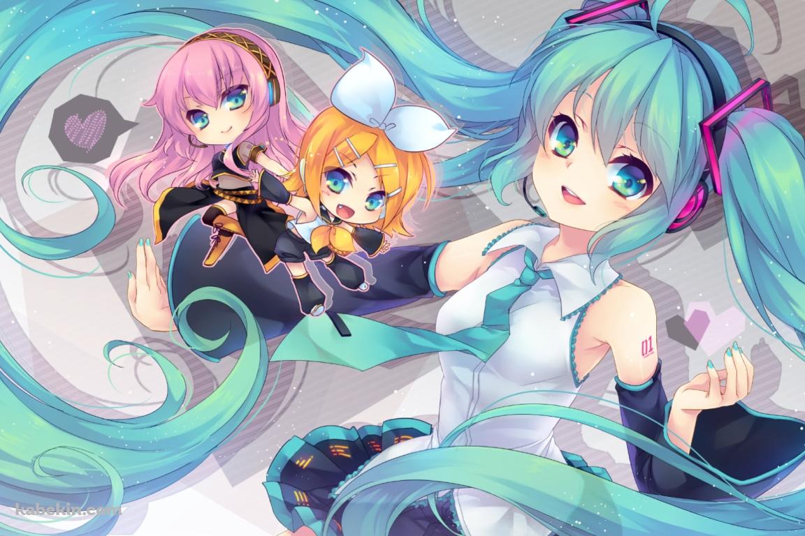 右腕に巡音ルカと鏡音リンを乗せる初音ミクの壁紙(1152px x 768px) 高画質 PC・デスクトップ用