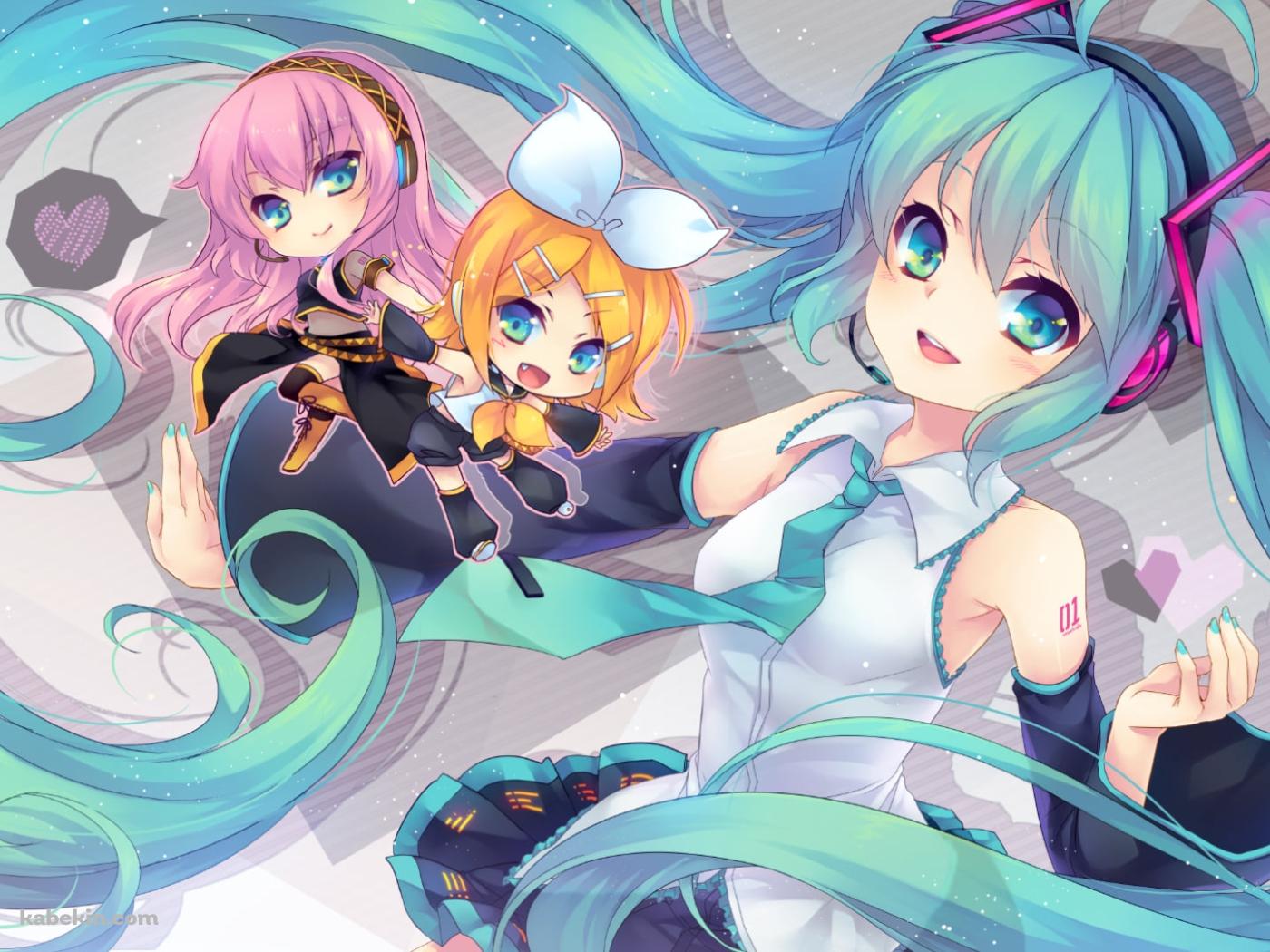 右腕に巡音ルカと鏡音リンを乗せる初音ミクの壁紙(1400px x 1050px) 高画質 PC・デスクトップ用