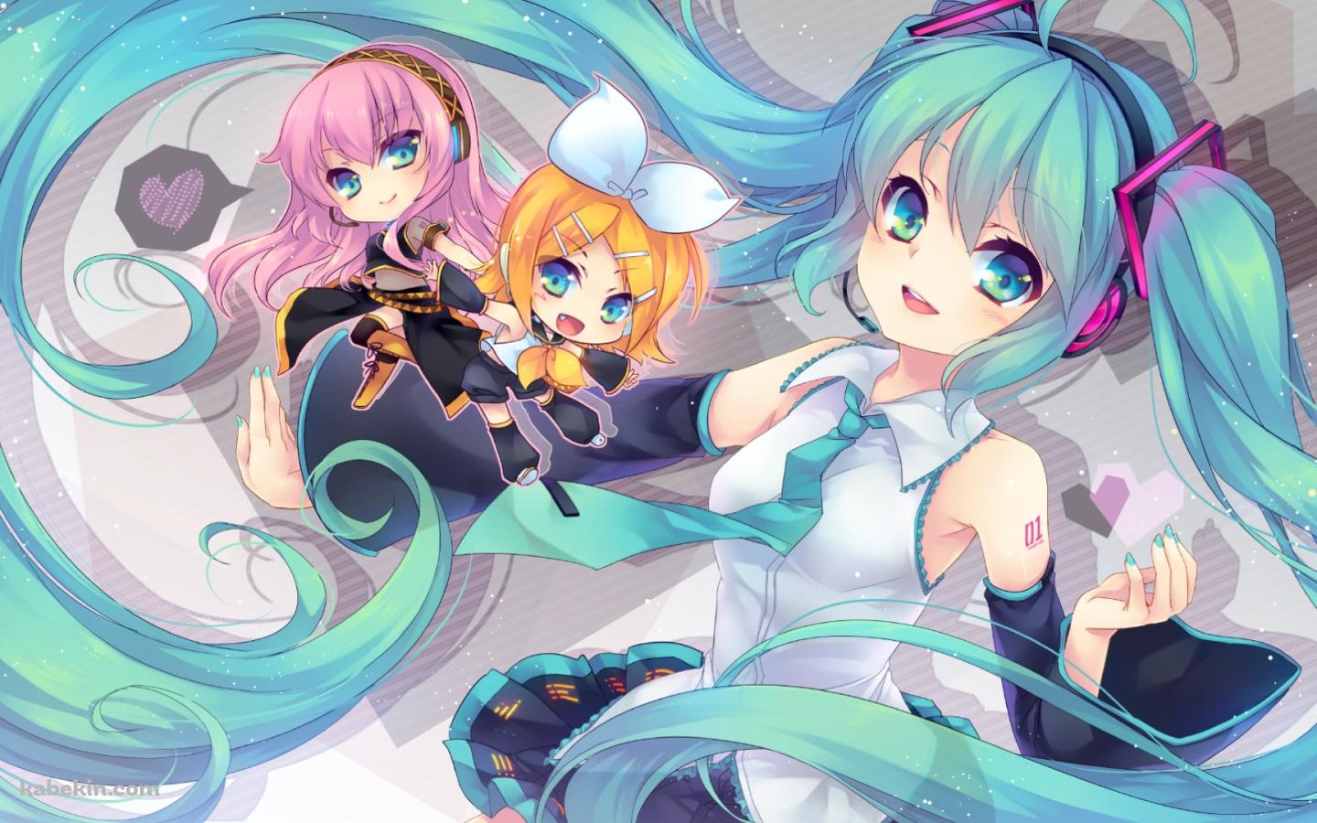 右腕に巡音ルカと鏡音リンを乗せる初音ミクの壁紙(1440px x 900px) 高画質 PC・デスクトップ用
