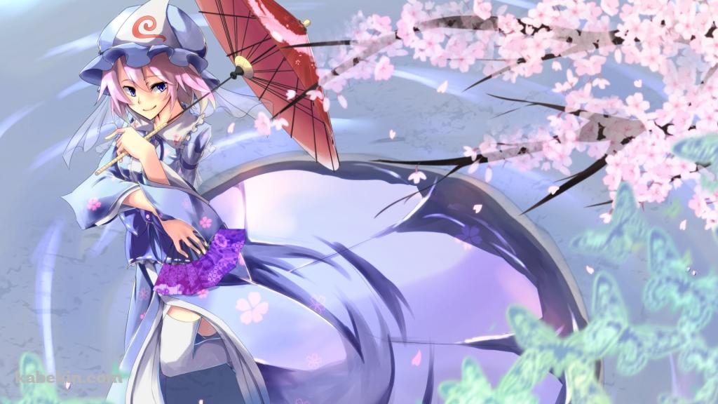 赤い和傘をさす西行寺幽々子 / 桜 / 東方の壁紙(1024px x 576px) 高画質 PC・デスクトップ用
