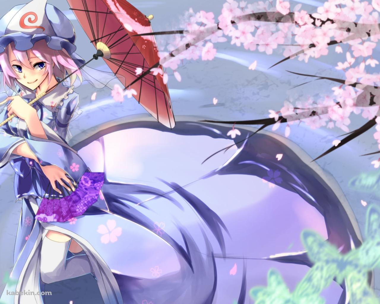 赤い和傘をさす西行寺幽々子 / 桜 / 東方の壁紙(1280px x 1024px) 高画質 PC・デスクトップ用