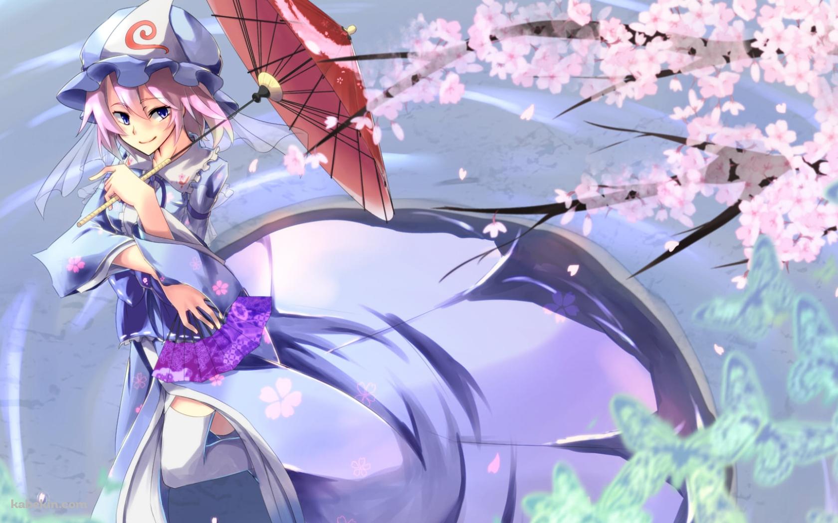 赤い和傘をさす西行寺幽々子 / 桜 / 東方の壁紙(1680px x 1050px) 高画質 PC・デスクトップ用
