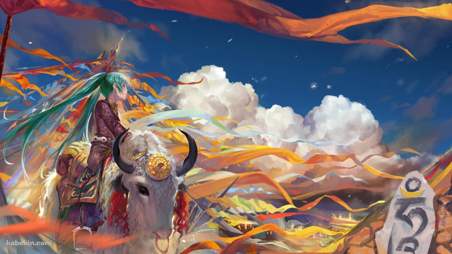 白い牛に座る初音ミク / ボーカロイドの壁紙(1536px x 864px) 高画質 PC・デスクトップ用