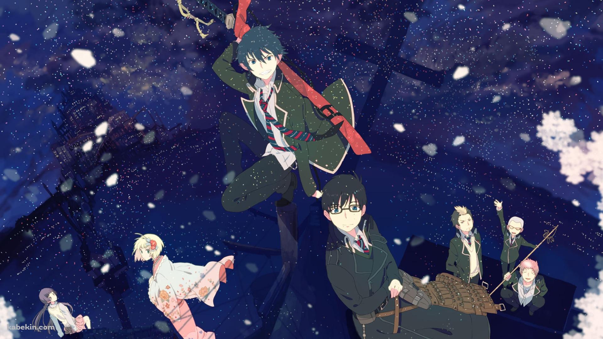 奥村 燐 / 奥村 雪男 / 杜山 しえみ / 志摩 廉造 / 神木 出雲 / 勝呂 竜士 / 三輪 子猫丸 / 桜の花 / 青の祓魔師の壁紙(1920px x 1080px) 高画質 PC・デスクトップ用