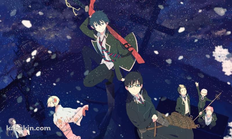 奥村 燐 / 奥村 雪男 / 杜山 しえみ / 志摩 廉造 / 神木 出雲 / 勝呂 竜士 / 三輪 子猫丸 / 桜の花 / 青の祓魔師の壁紙(800px x 480px) 高画質 PC・デスクトップ用