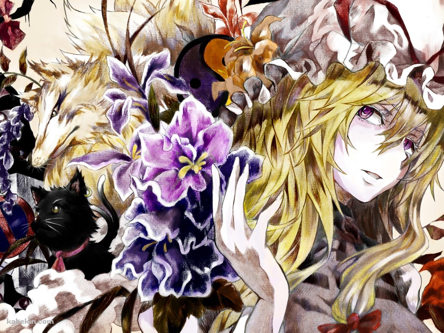 黒猫と紫の花と八雲藍 / 東方の壁紙(1440px x 1080px) 高画質 PC・デスクトップ用