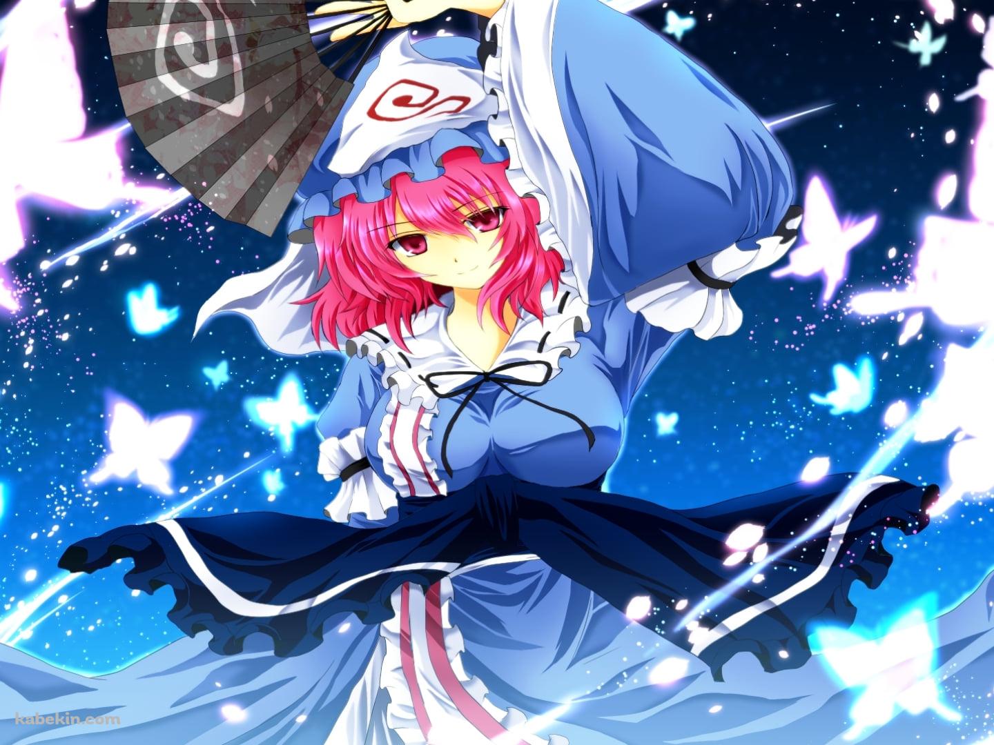 扇子を持ち舞う西行寺幽々子 / 無数のピンクと水色の蝶 / 東方の壁紙(1440px x 1080px) 高画質 PC・デスクトップ用