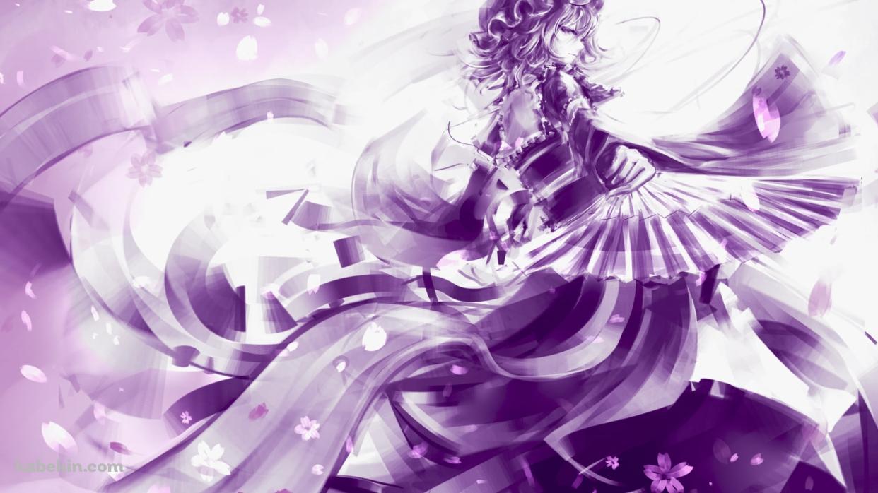 紫のタッチで描かれた扇子を持つ西行寺幽々子 / 東方の壁紙(1242px x 698px) 高画質 PC・デスクトップ用