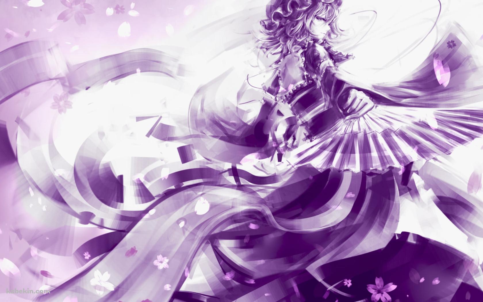 紫のタッチで描かれた扇子を持つ西行寺幽々子 / 東方の壁紙(1680px x 1050px) 高画質 PC・デスクトップ用