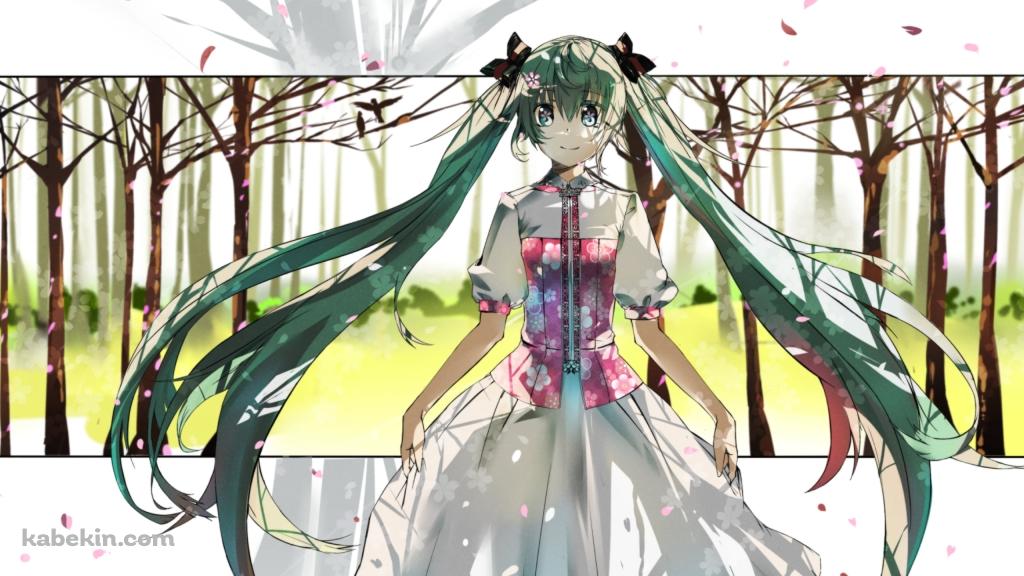 スカートの裾を持つ初音ミク / 林 / 花びら / ボーカロイドの壁紙(1024px x 576px) 高画質 PC・デスクトップ用