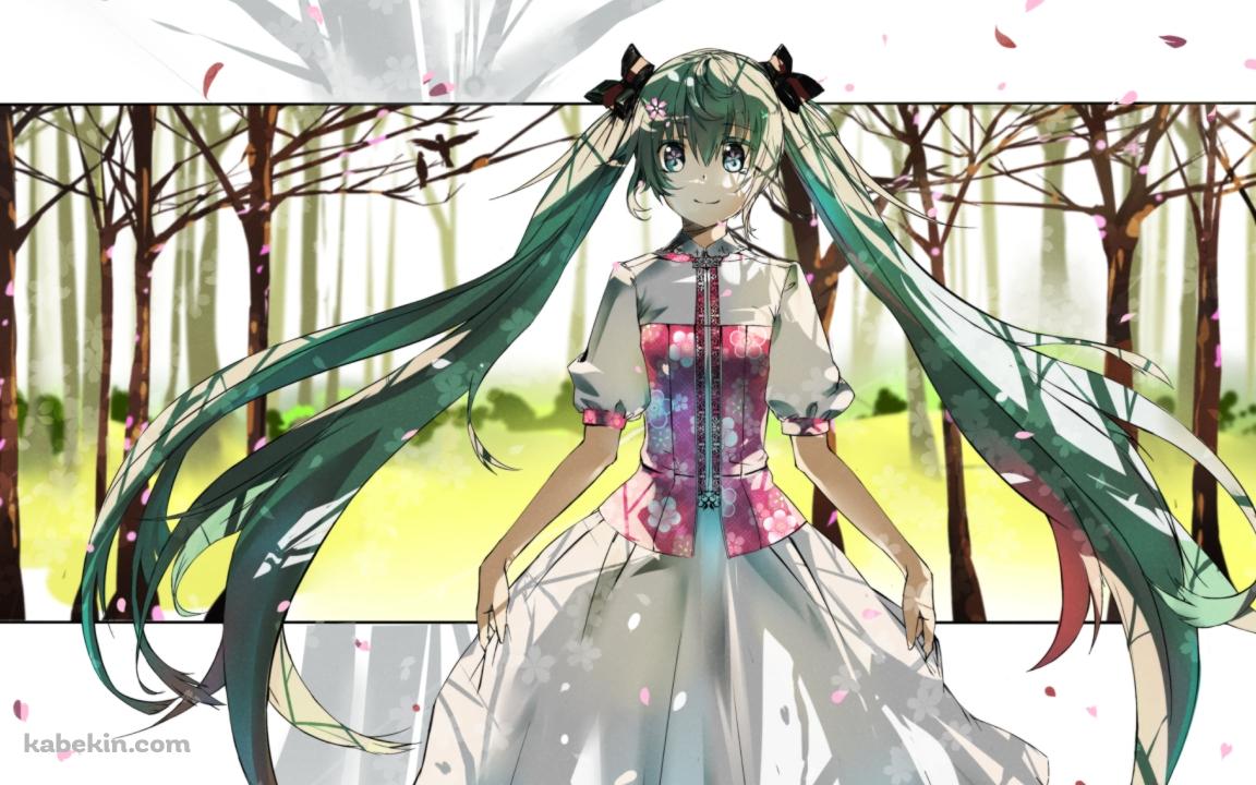 スカートの裾を持つ初音ミク / 林 / 花びら / ボーカロイドの壁紙(1152px x 720px) 高画質 PC・デスクトップ用