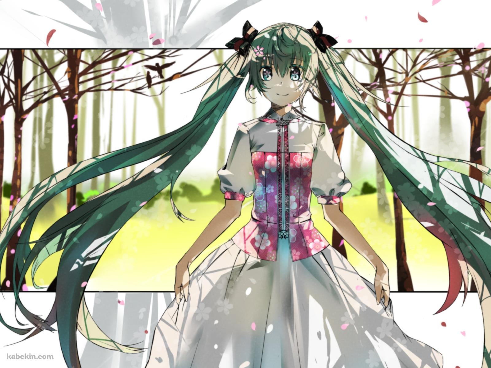 スカートの裾を持つ初音ミク / 林 / 花びら / ボーカロイドの壁紙(1600px x 1200px) 高画質 PC・デスクトップ用