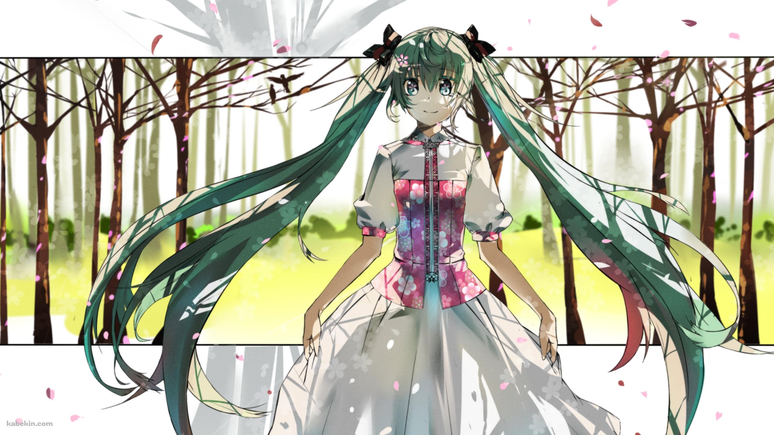 スカートの裾を持つ初音ミク / 林 / 花びら / ボーカロイドの壁紙(2560px x 1440px) 高画質 PC・デスクトップ用