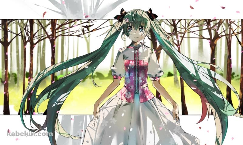 スカートの裾を持つ初音ミク / 林 / 花びら / ボーカロイドの壁紙(800px x 480px) 高画質 PC・デスクトップ用