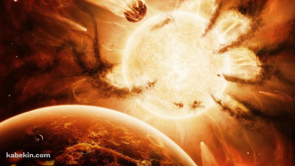 オレンジに染まる宇宙 / 黒い煙 / 吸い込まれる星の壁紙(1024px x 576px) 高画質 PC・デスクトップ用