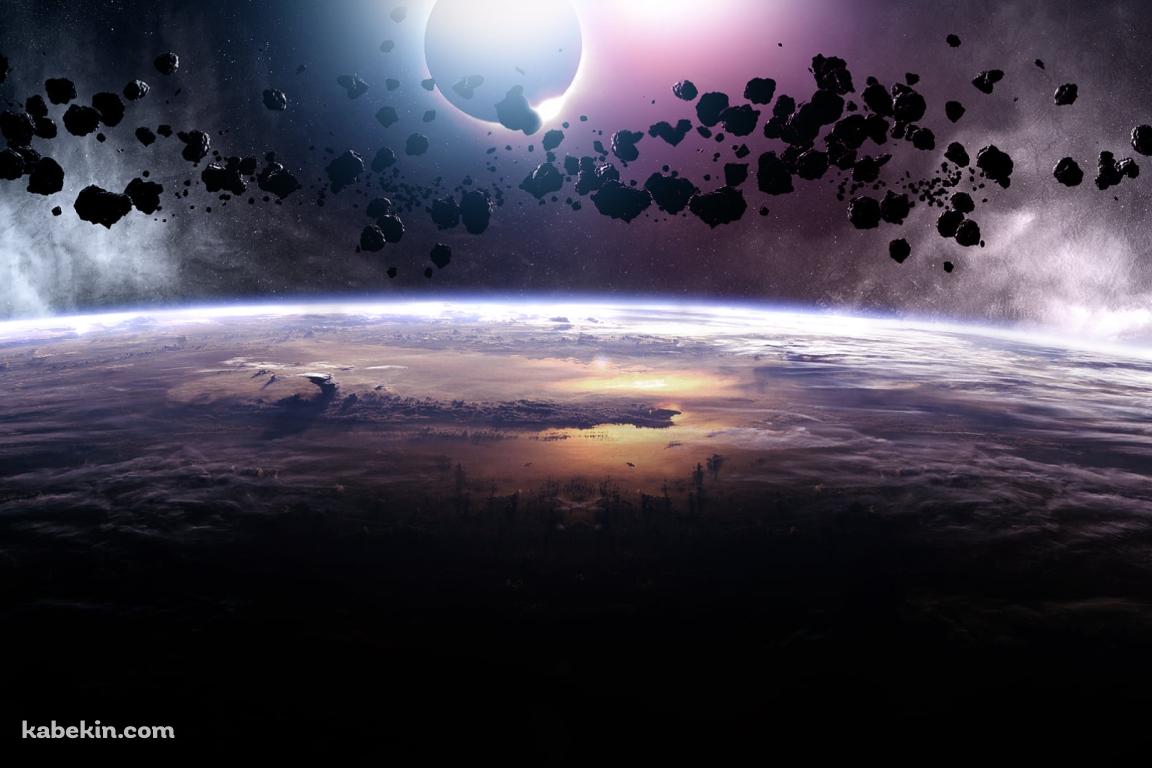 浮遊する無数の小さな惑星と地球の壁紙(1152px x 768px) 高画質 PC・デスクトップ用