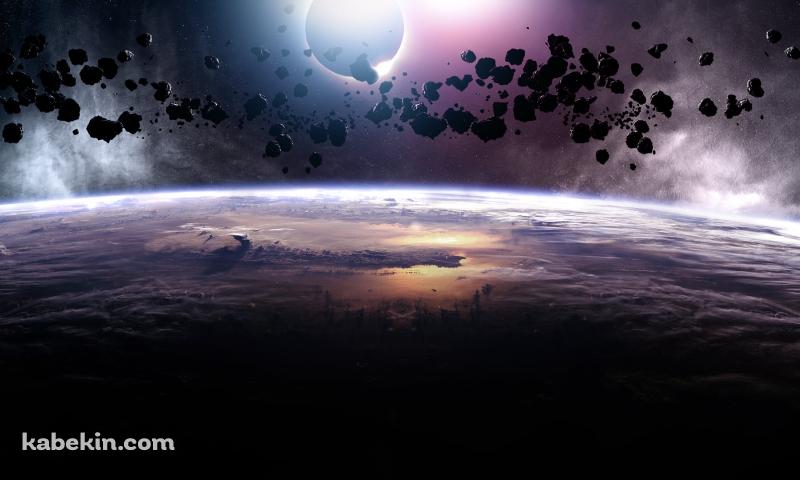 浮遊する無数の小さな惑星と地球の壁紙(800px x 480px) 高画質 PC・デスクトップ用
