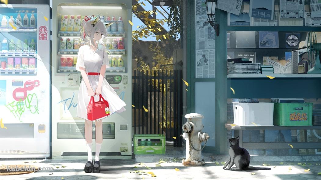 自動販売機の前で黒い猫を見つめるケルシー / アークナイツの壁紙(1051px x 591px) 高画質 PC・デスクトップ用