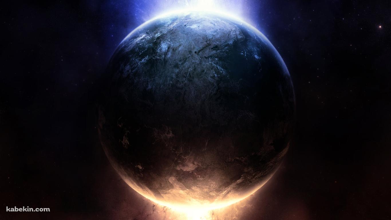 青と黄色に荘厳に光る惑星の壁紙(1366px x 768px) 高画質 PC・デスクトップ用