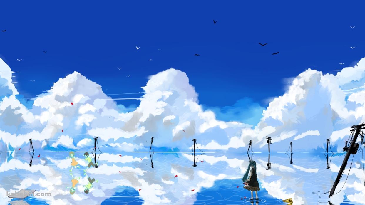 広大な湖に佇む初音ミク / 晴天 / ボーカロイドの壁紙(1242px x 698px) 高画質 PC・デスクトップ用