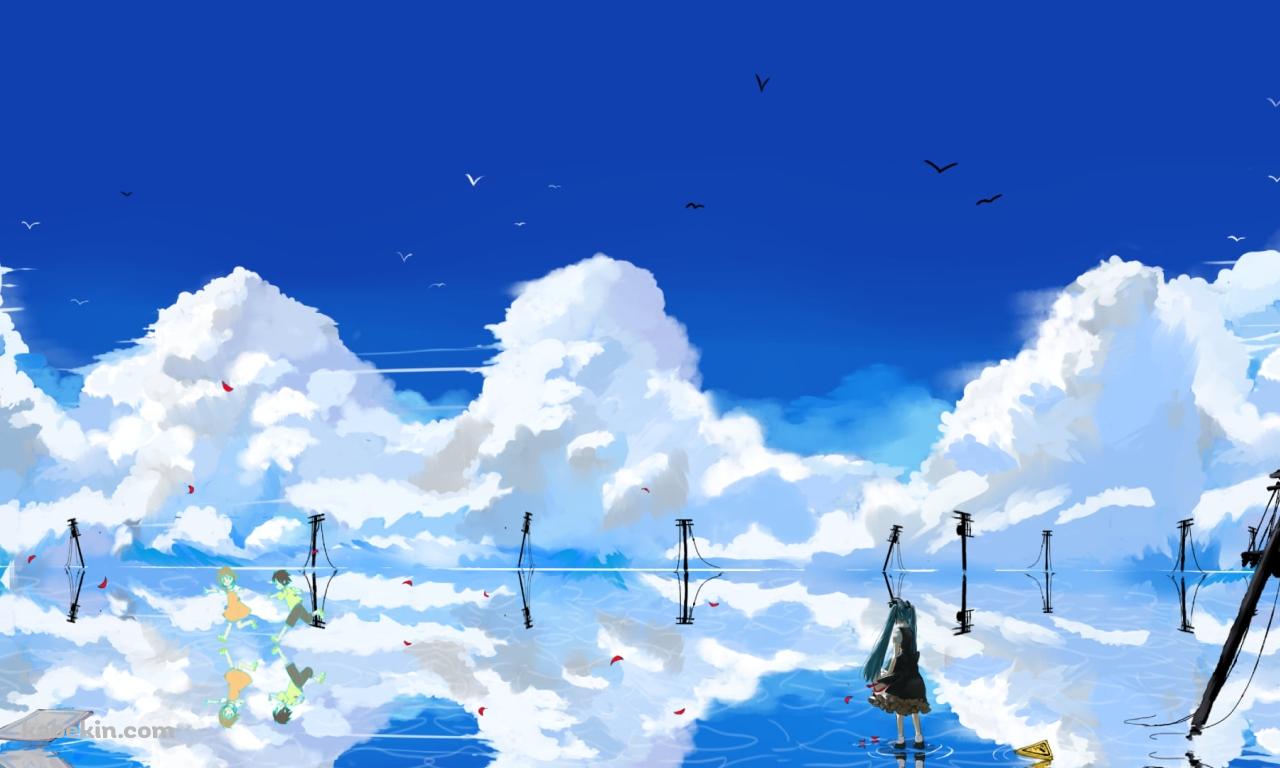 広大な湖に佇む初音ミク / 晴天 / ボーカロイドの壁紙(1280px x 768px) 高画質 PC・デスクトップ用