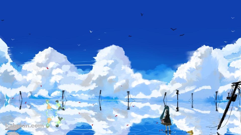 広大な湖に佇む初音ミク / 晴天 / ボーカロイドの壁紙(960px x 540px) 高画質 PC・デスクトップ用