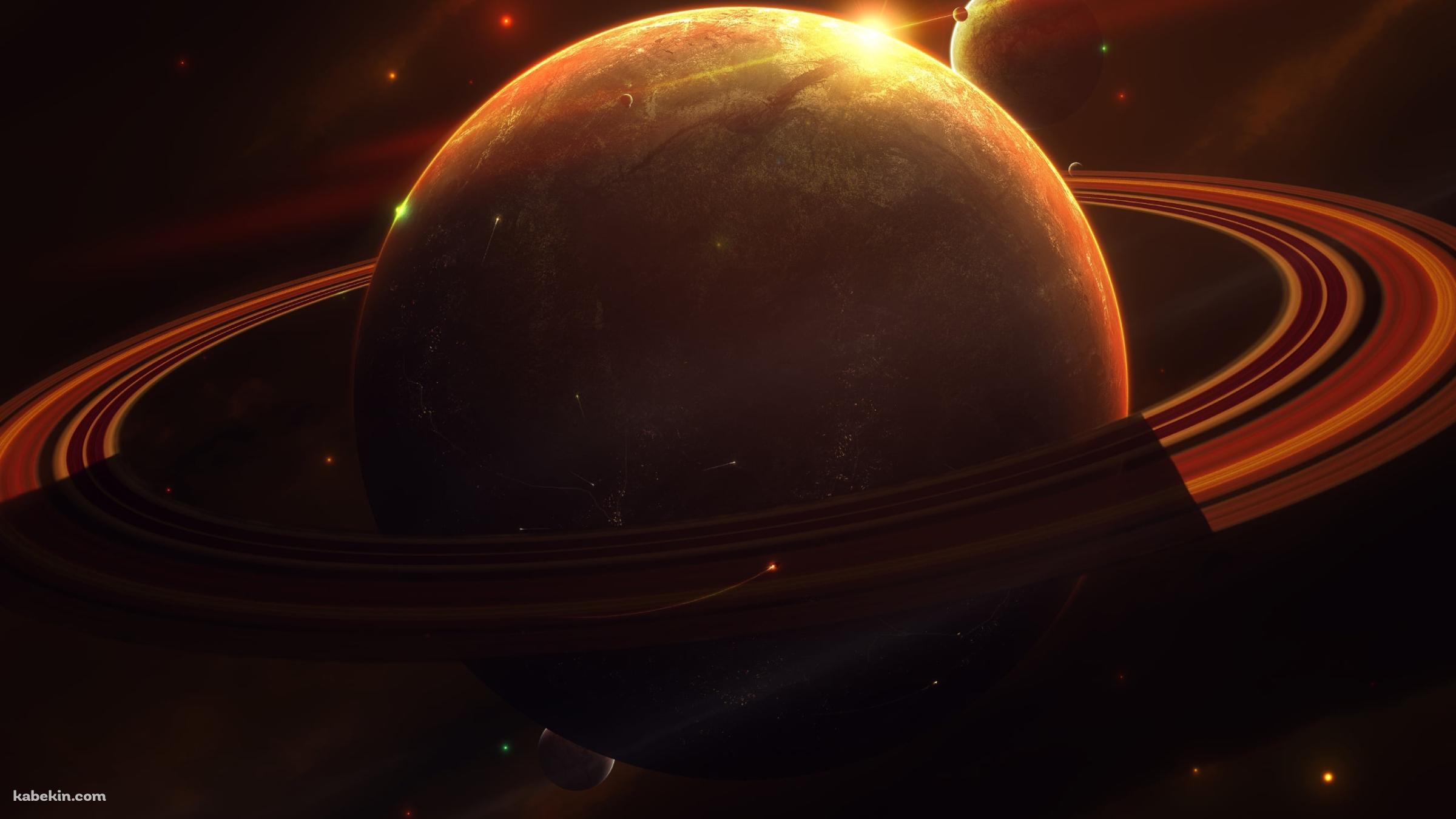 後光射す土星と周りにある遊星の壁紙(2400px x 1350px) 高画質 PC・デスクトップ用