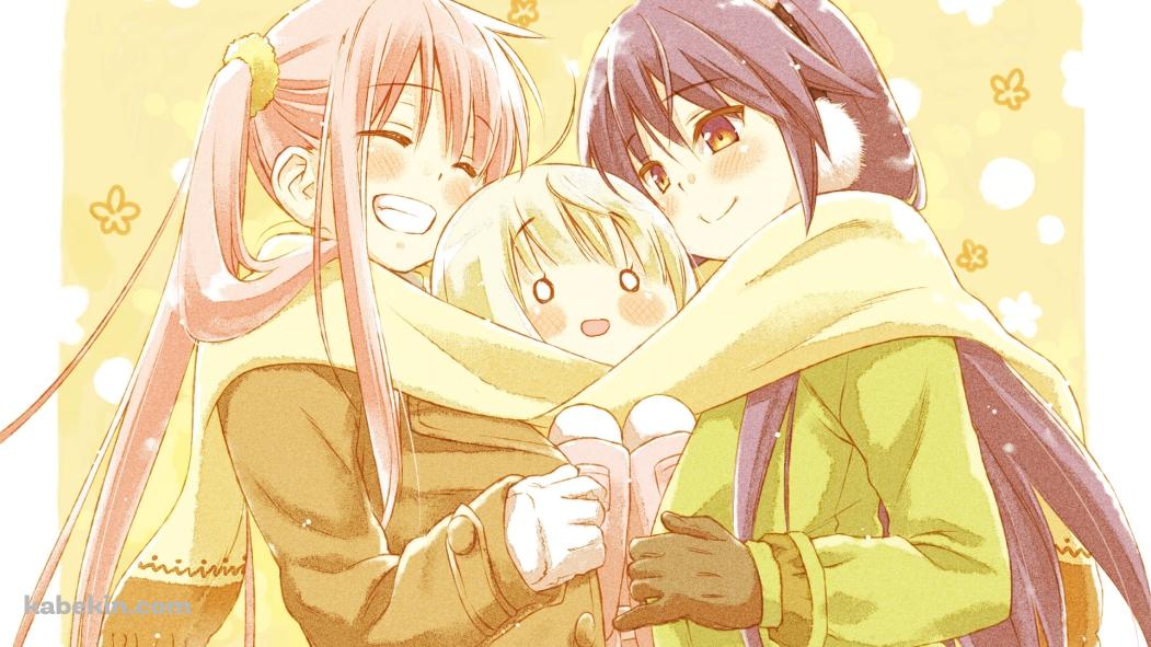 マフラーを共有する水島 芹花 / 雪下 美百合 / 荻原 杏子 / CAFE SOURIREの壁紙(1051px x 591px) 高画質 PC・デスクトップ用