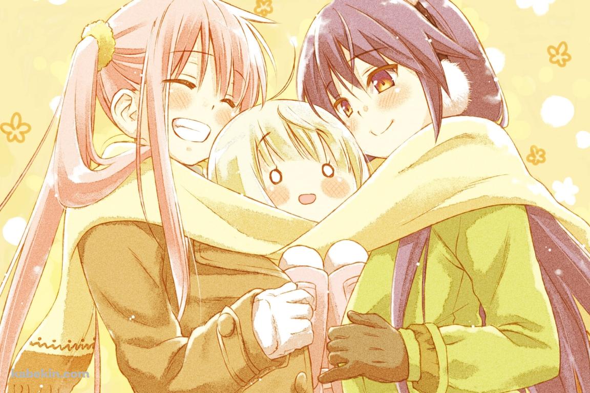マフラーを共有する水島 芹花 / 雪下 美百合 / 荻原 杏子 / CAFE SOURIREの壁紙(1152px x 768px) 高画質 PC・デスクトップ用