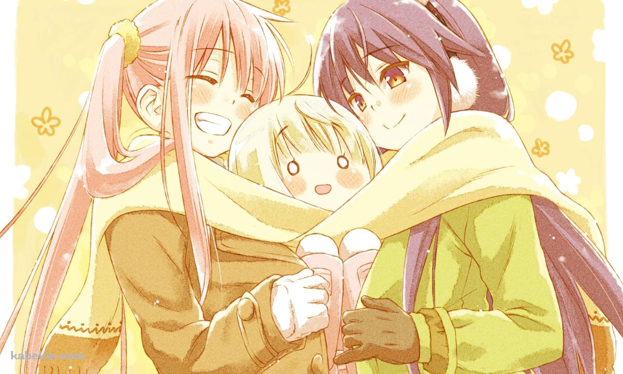 マフラーを共有する水島 芹花 / 雪下 美百合 / 荻原 杏子 / CAFE SOURIREの壁紙(1280px x 768px) 高画質 PC・デスクトップ用