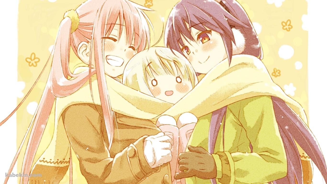 マフラーを共有する水島 芹花 / 雪下 美百合 / 荻原 杏子 / CAFE SOURIREの壁紙(1366px x 768px) 高画質 PC・デスクトップ用