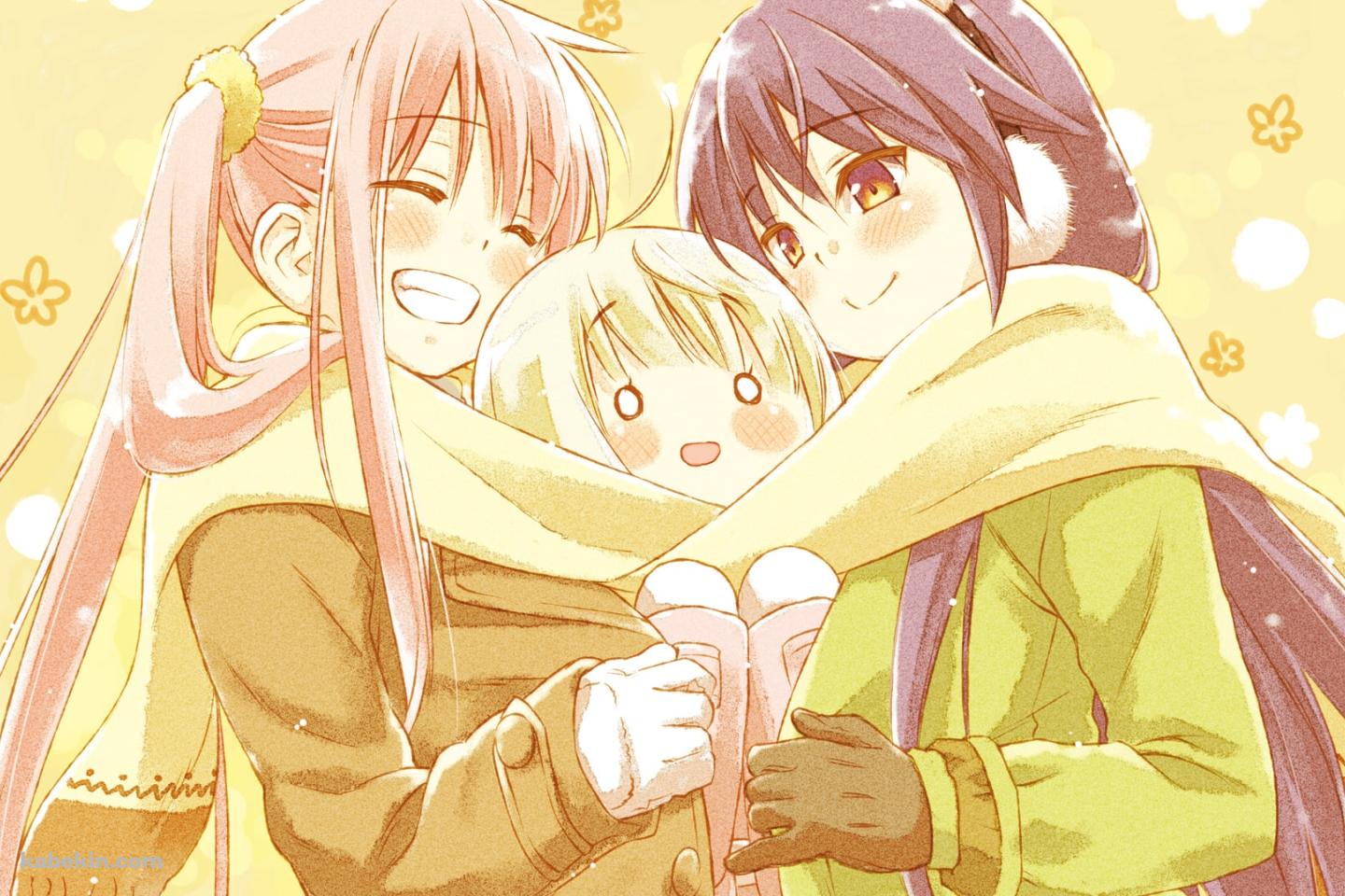マフラーを共有する水島 芹花 / 雪下 美百合 / 荻原 杏子 / CAFE SOURIREの壁紙(1440px x 960px) 高画質 PC・デスクトップ用