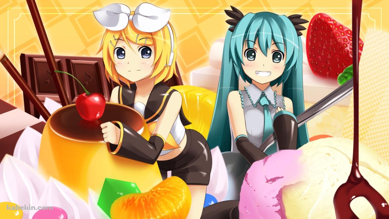 初音ミク / 鏡音リン / プリンアラモード / アイス / スイーツ / 苺 / チョコレートの壁紙(1280px x 720px) 高画質 PC・デスクトップ用