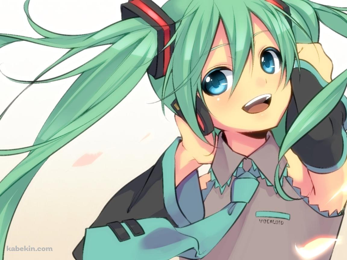 ヘッドフォンに手をかける笑顔の初音ミク / 桜の花びら / ボーカロイドの壁紙(1152px x 864px) 高画質 PC・デスクトップ用