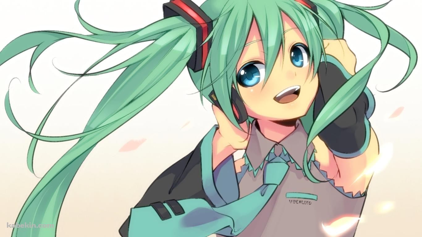 ヘッドフォンに手をかける笑顔の初音ミク / 桜の花びら / ボーカロイドの壁紙(1366px x 768px) 高画質 PC・デスクトップ用
