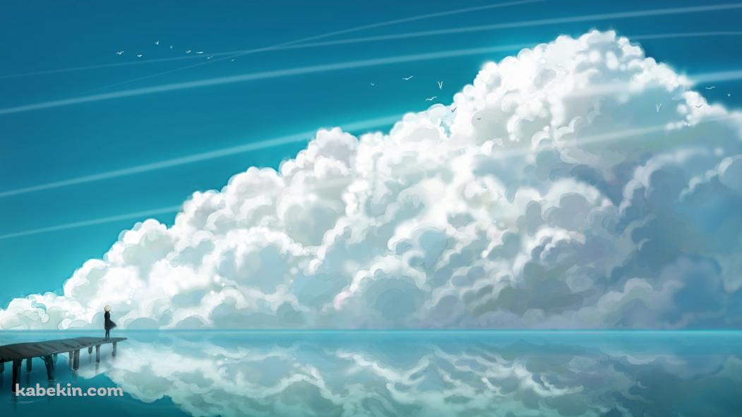 桟橋から海と空を眺める黒い洋服を着た女性の壁紙(1051px x 591px) 高画質 PC・デスクトップ用